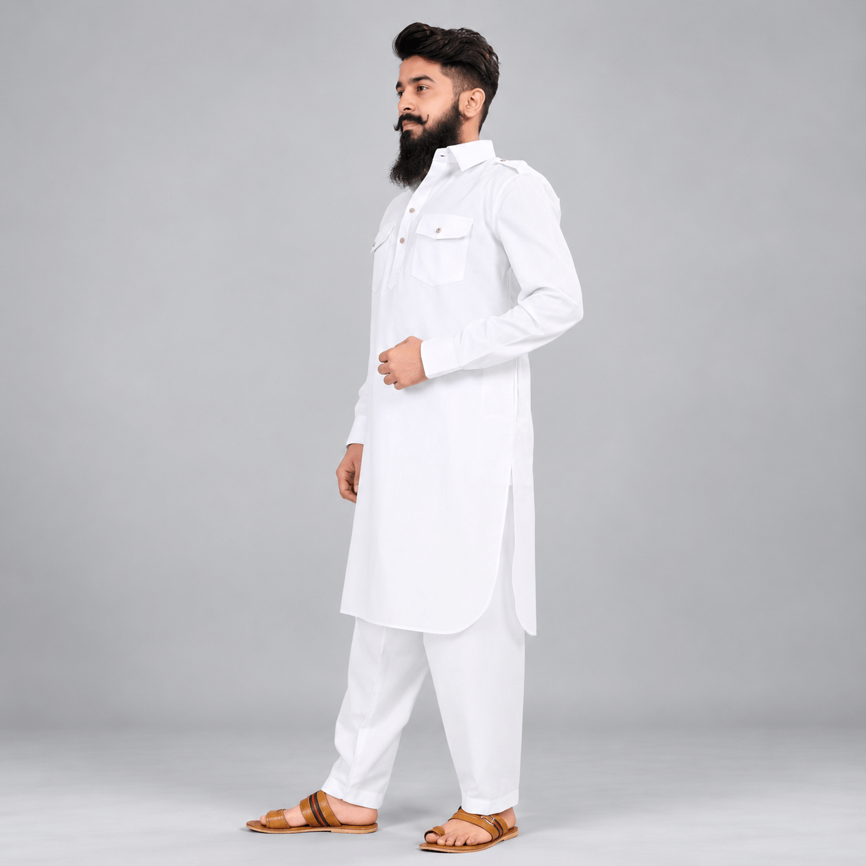 Bearded Man in Traditional White Kurta