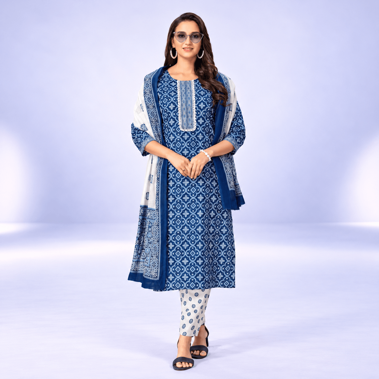 Elegant Blue Patterned Traditional Ensemble