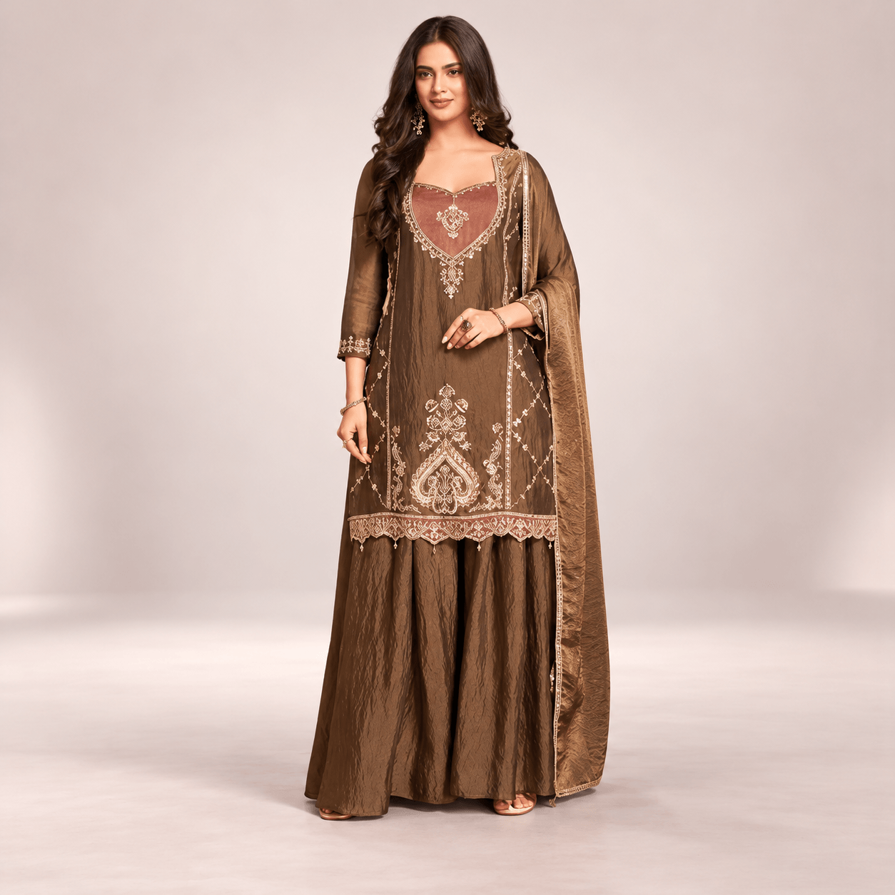 Elegant Brown Embroidered South Asian Ensemble