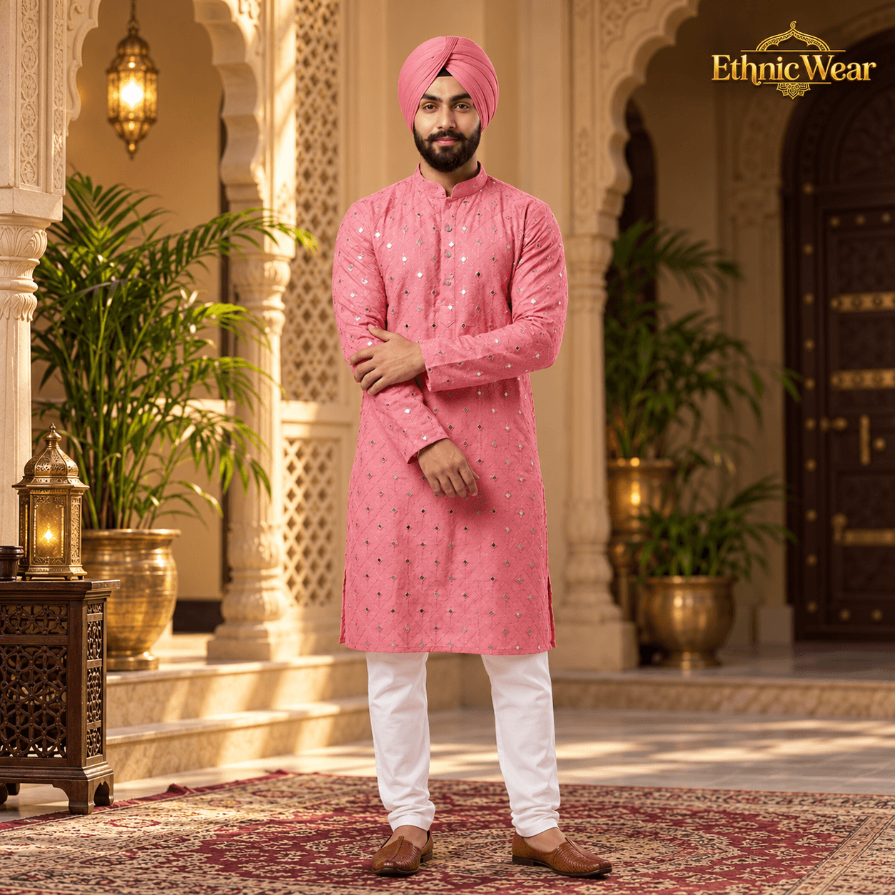 Elegant Punjabi Kurta in Heritage Courtyard