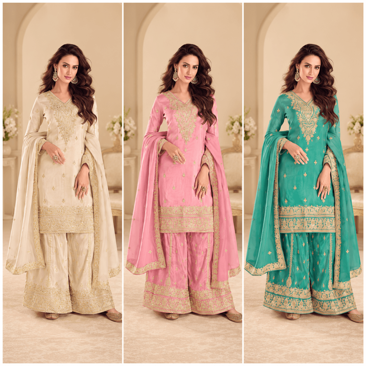 Embroidered Elegance in Three Tones