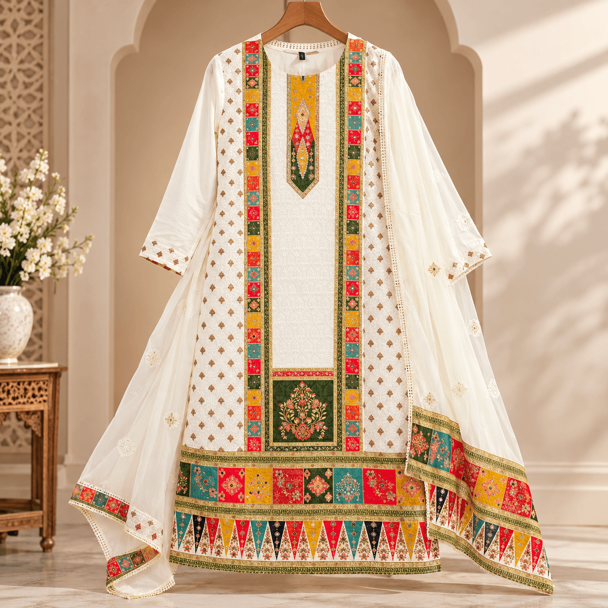 Embroidered Ivory Salwar Kameez Display