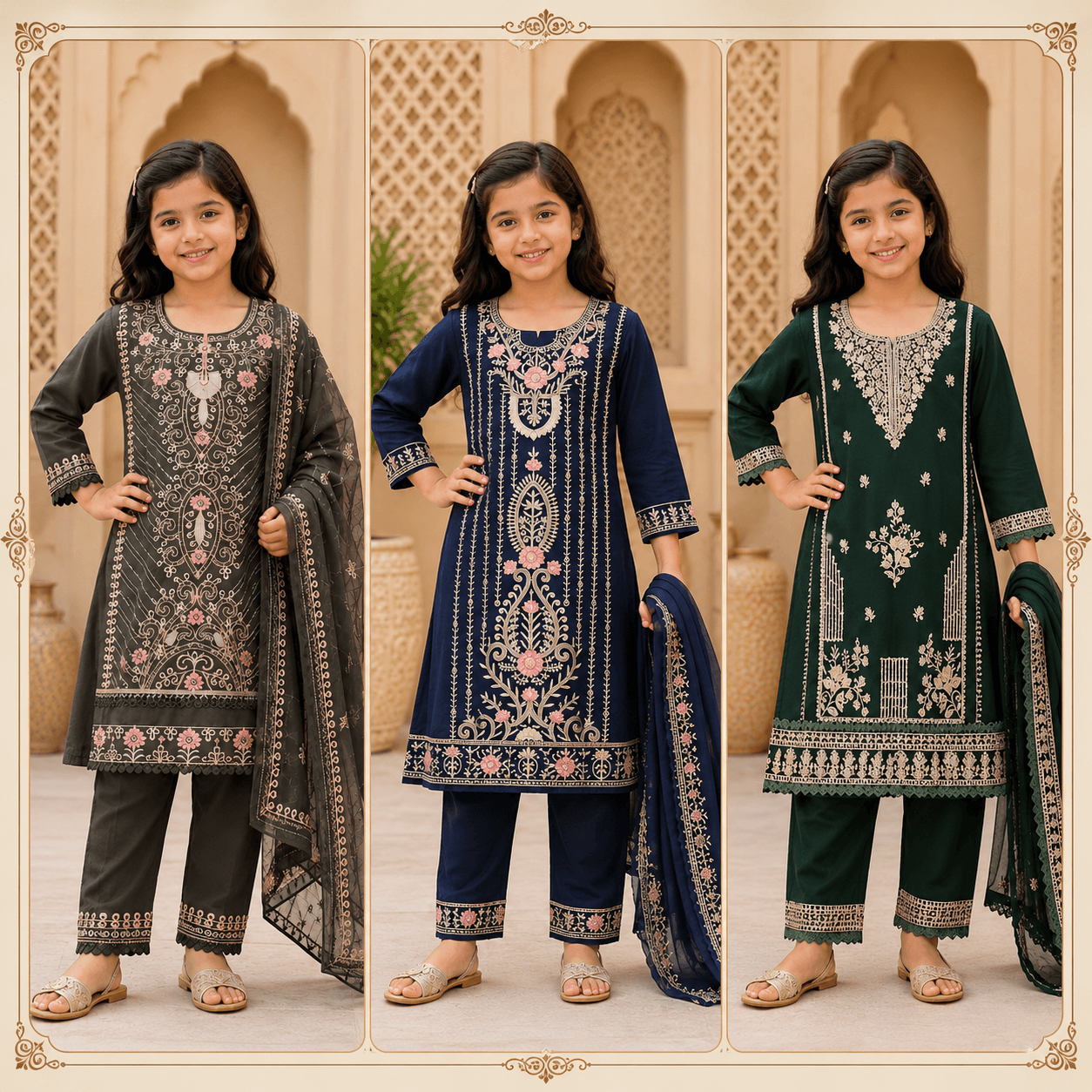 Embroidered Triptych in an Arabesque Courtyard