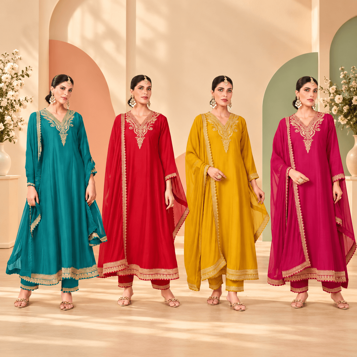 Four Women in Embroidered Indian Couture