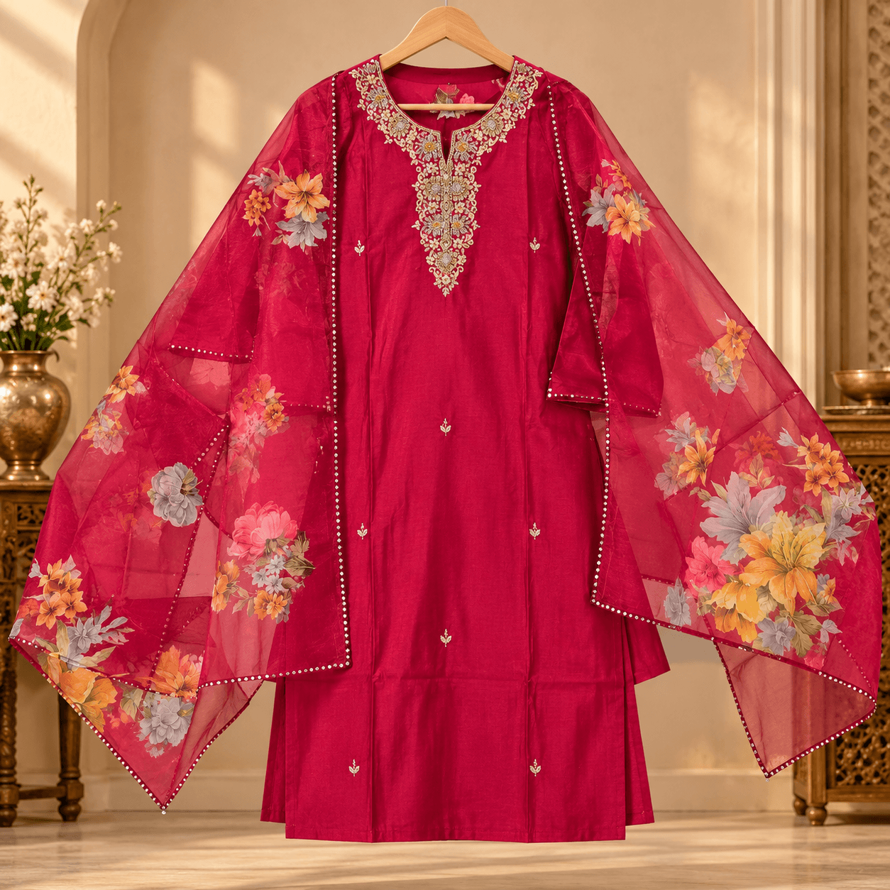Fuchsia Embroidered Kurta with Floral Dupatta
