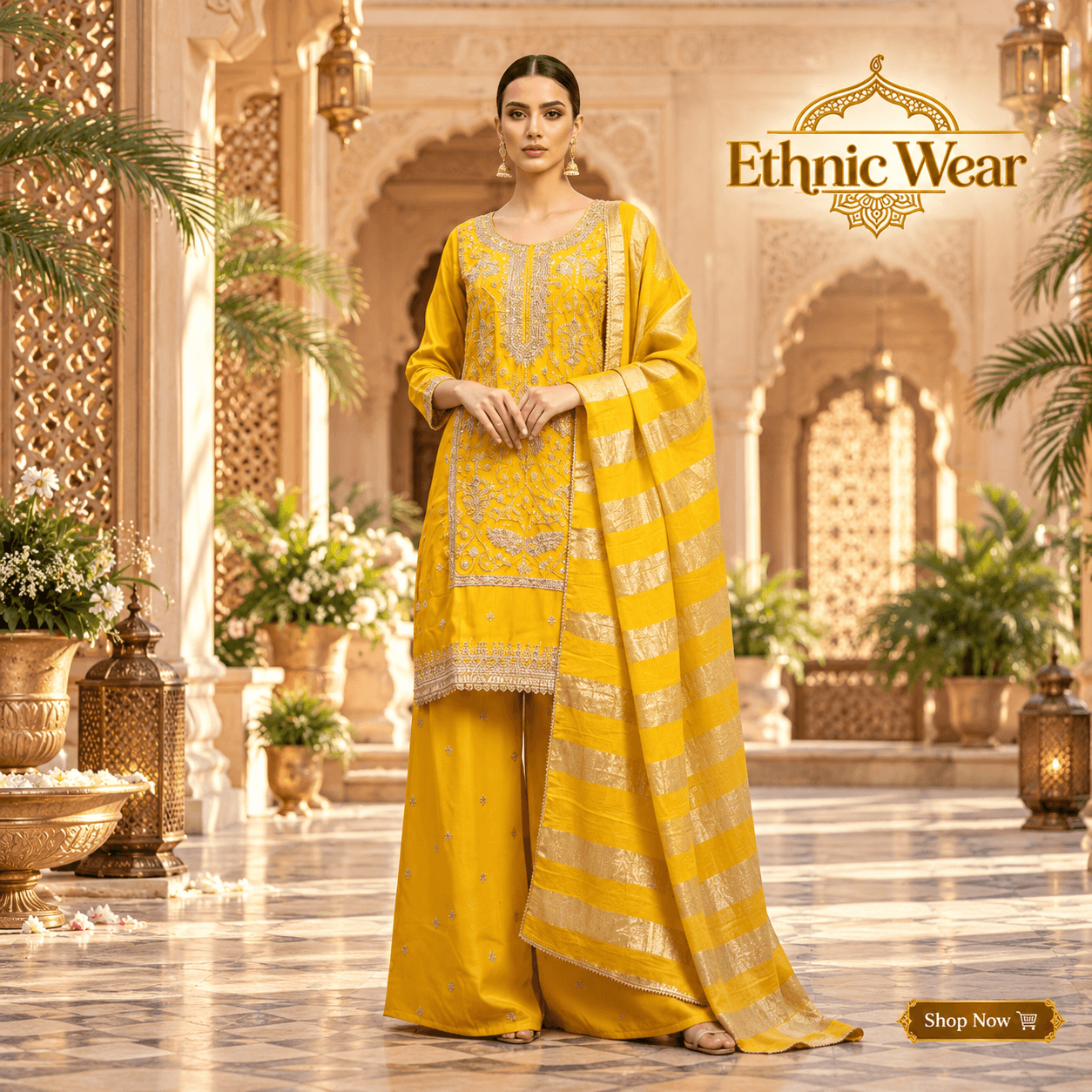 Golden Ethnic Wear in a Palace Courtyard
