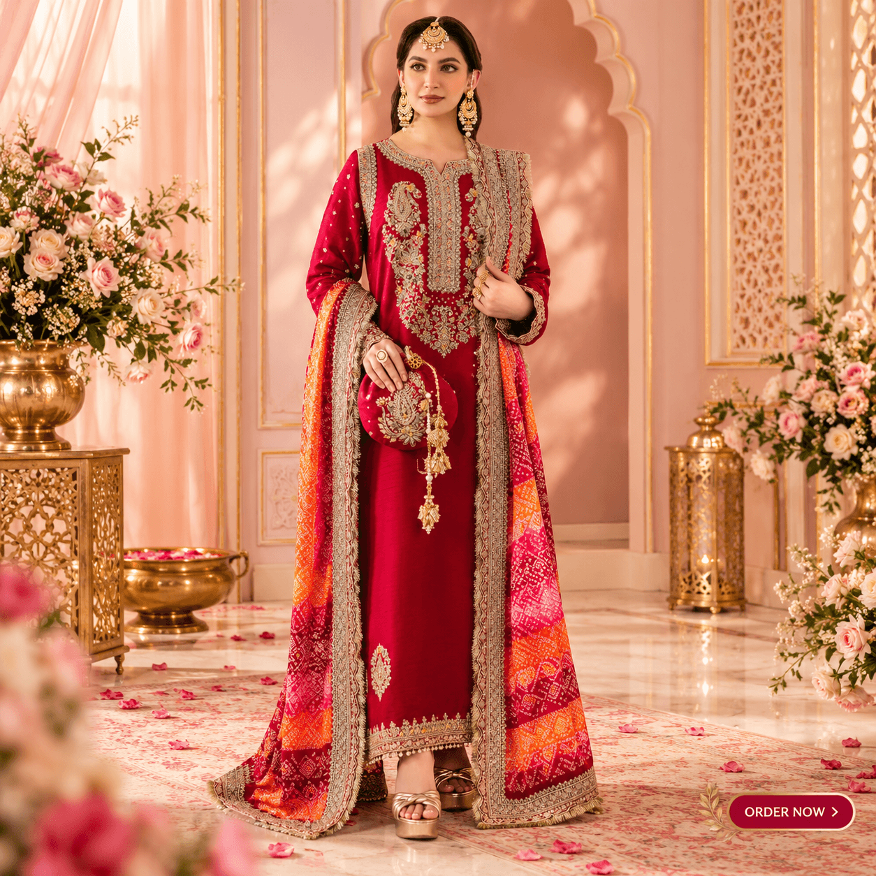 Maroon Bridal Elegance in a Rose-Filled Hall