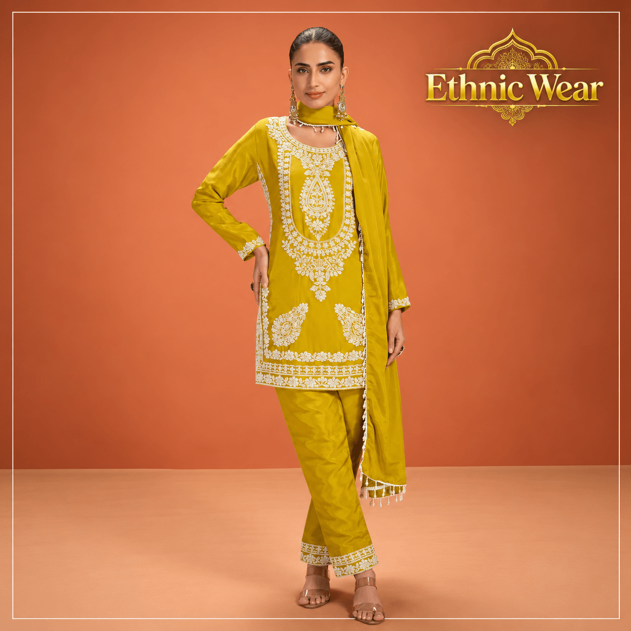 Mustard Embroidered Ethnic Wear Ensemble