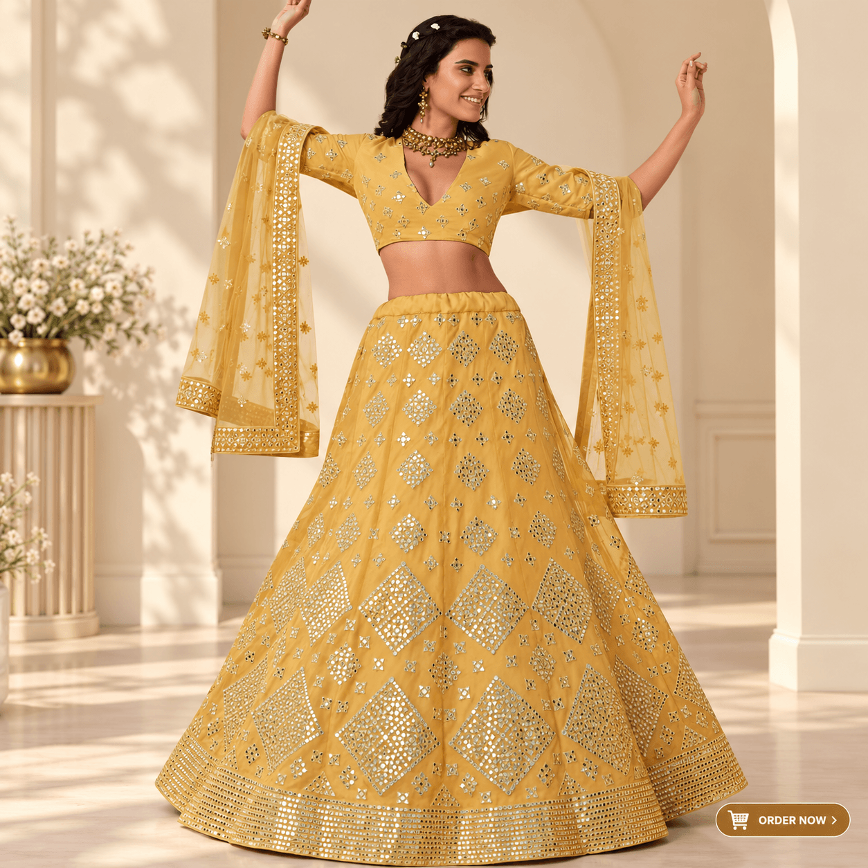 Mustard Mirrorwork Lehenga in Sunlit Studio
