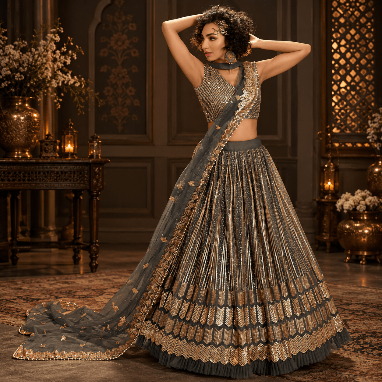 Opulent Charcoal and Gold Lehenga Portrait