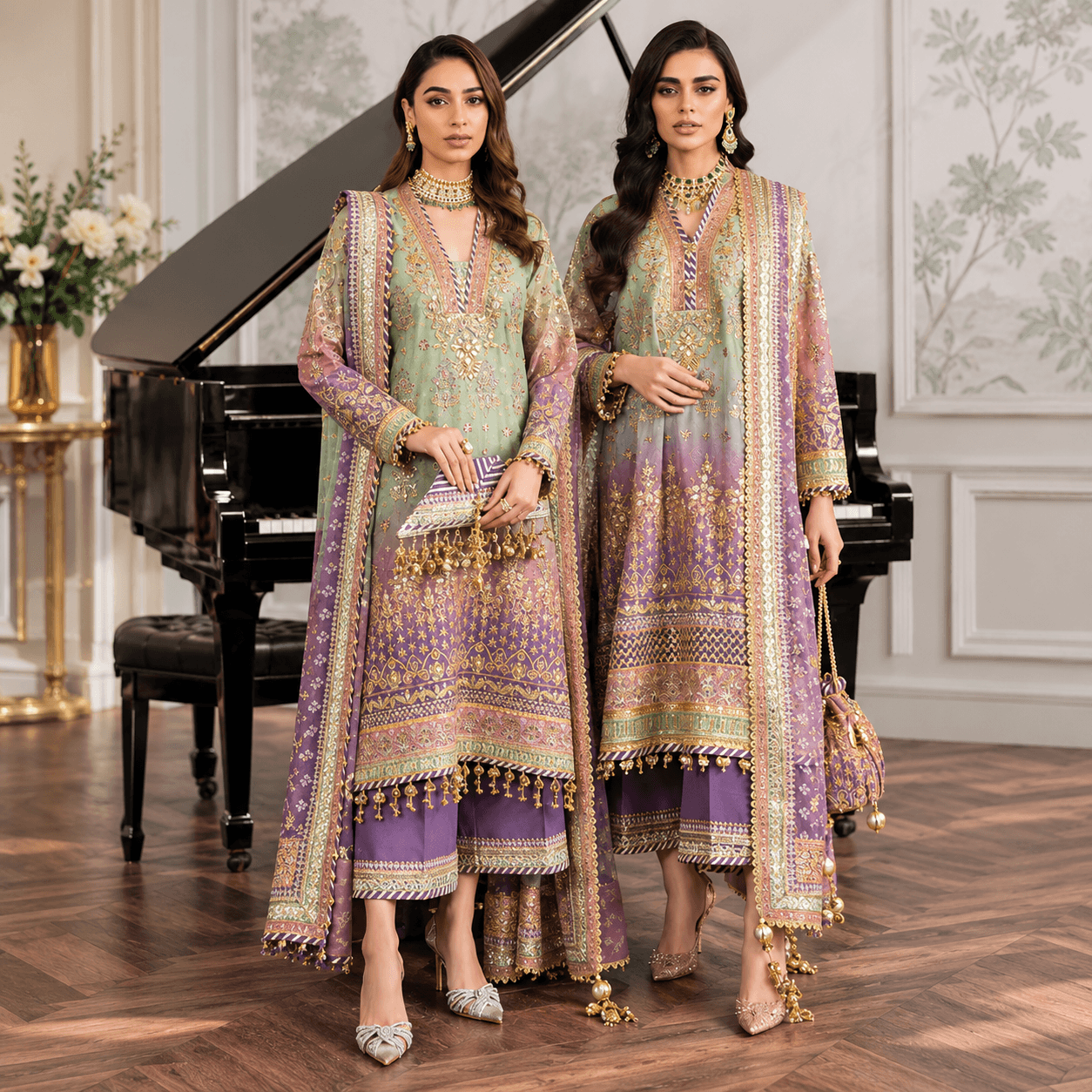 Pastel Elegance Beside the Grand Piano