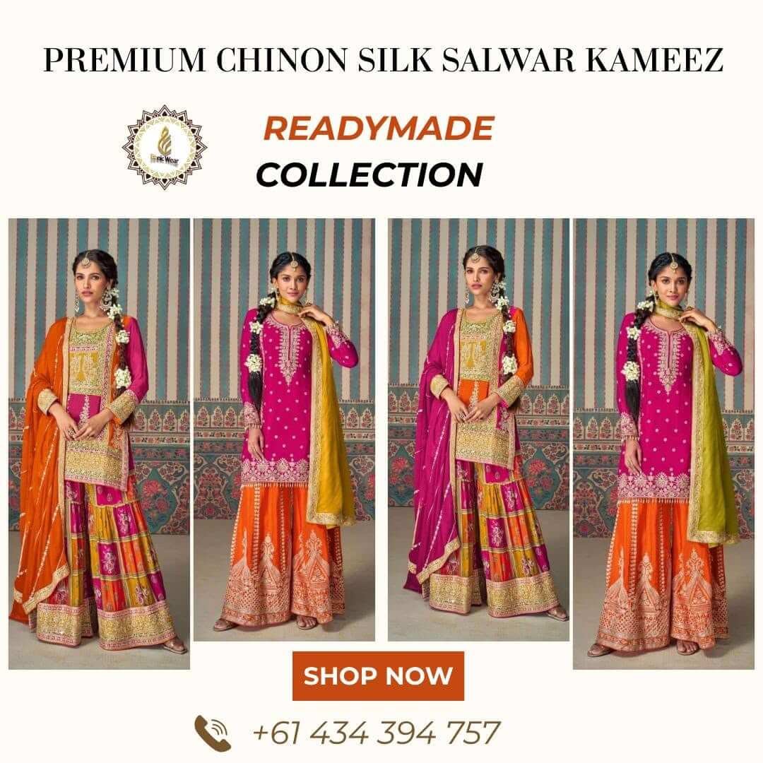 Premium Embroidered Chinon Silk Kurta Palazzo Set with Mirror Work & Dupatta