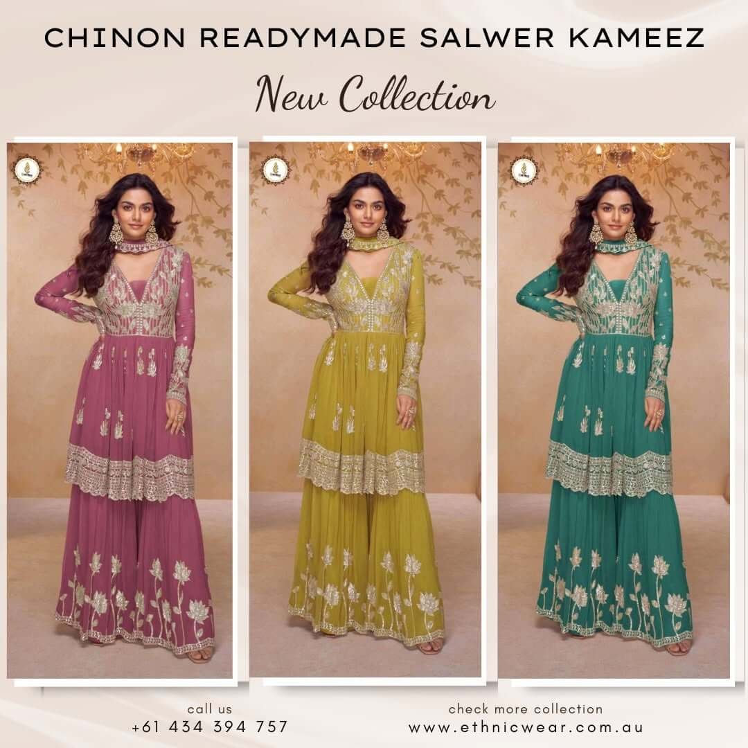 Real Chinon Embroidered Kurti Palazzo Set with Designer Dupatta