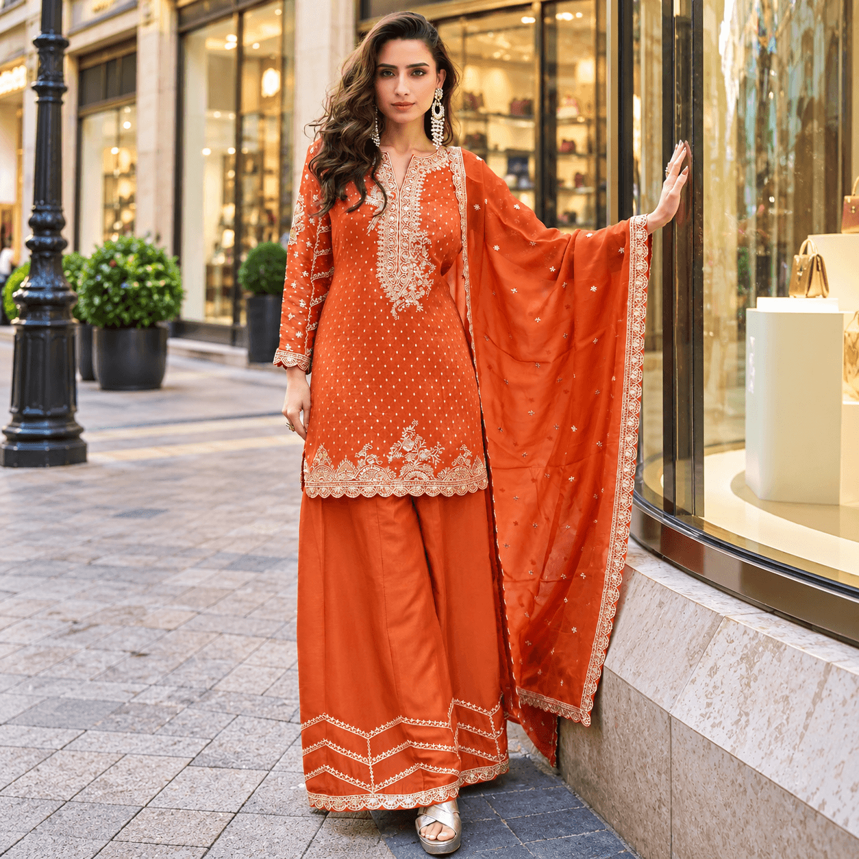 Rust Embroidered Elegance by the Storefront