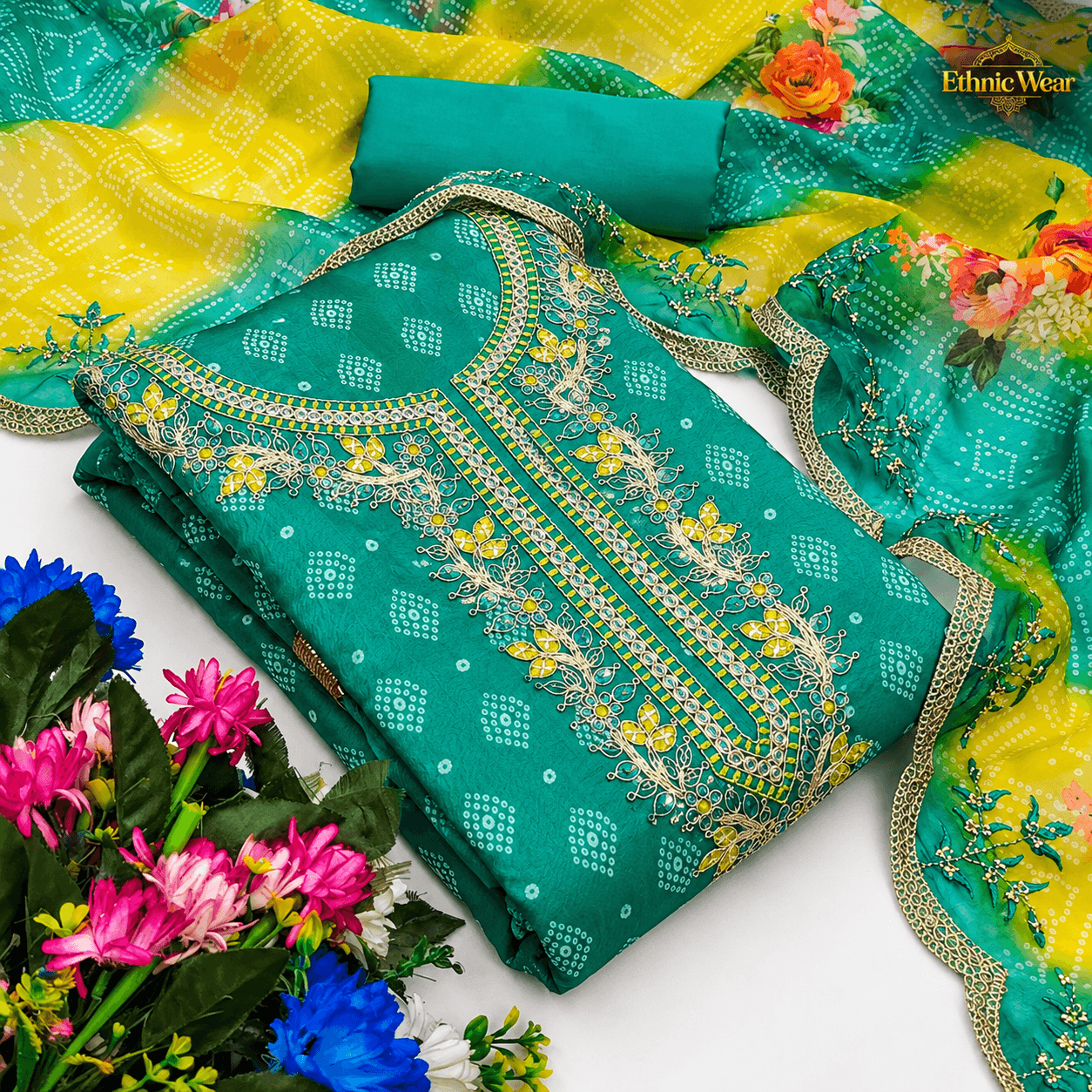 Teal Embroidered Ethnic Wear Flat Lay