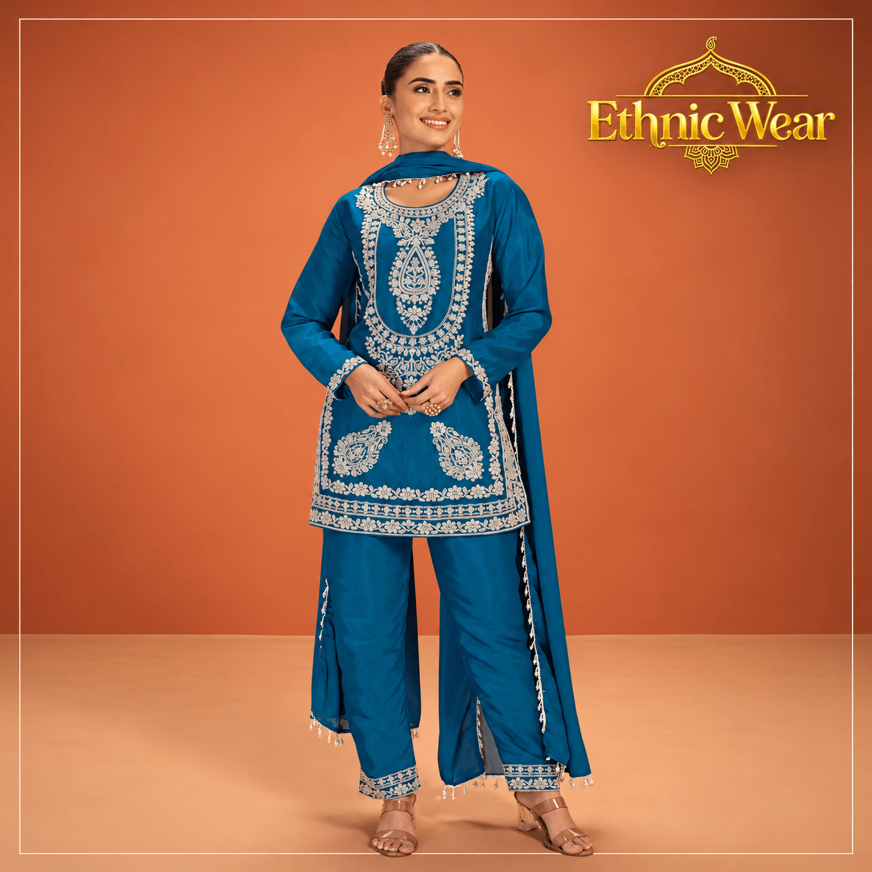Teal Embroidered Ethnic Wear Portrait