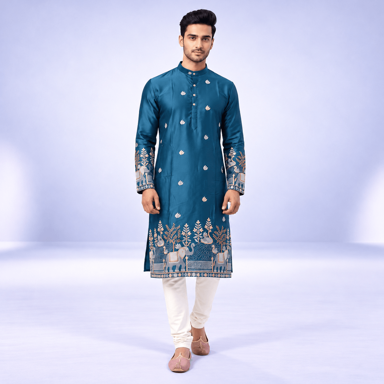 Teal Embroidered Kurta Studio Portrait