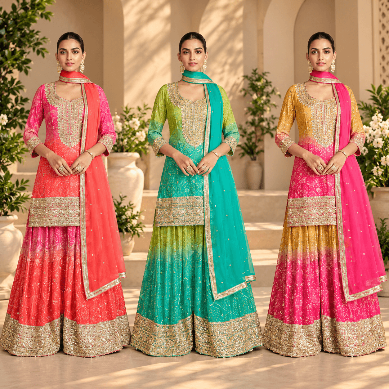 Three Women in Vibrant Indian Couture