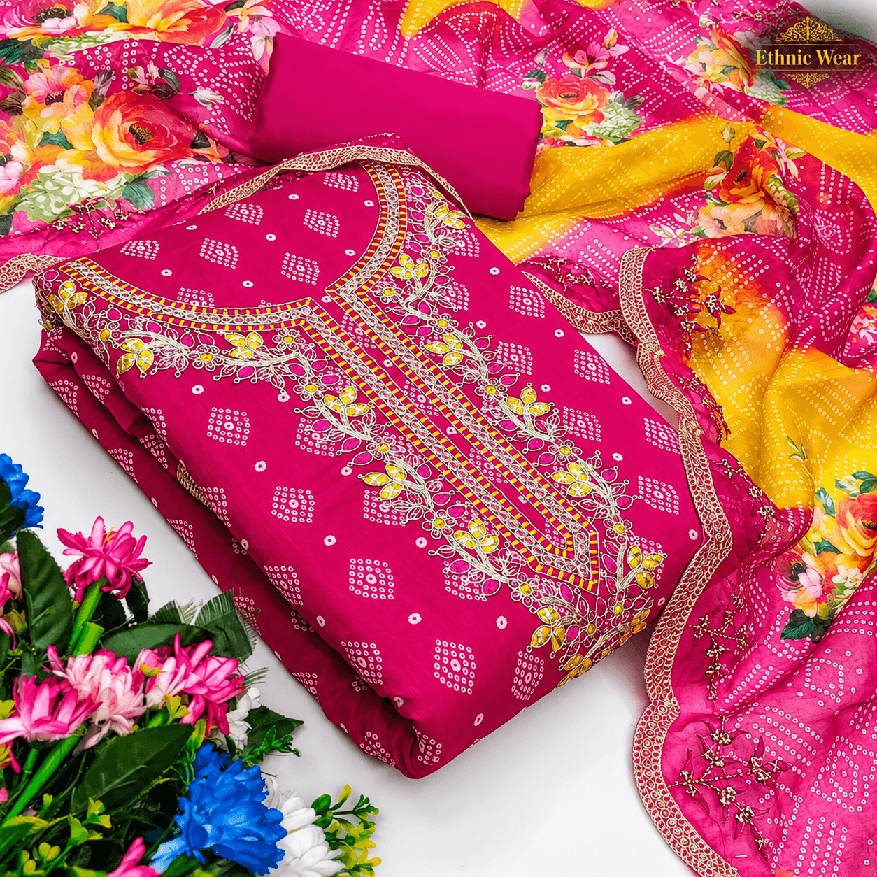 Vibrant Magenta Floral Ethnic Wear Set