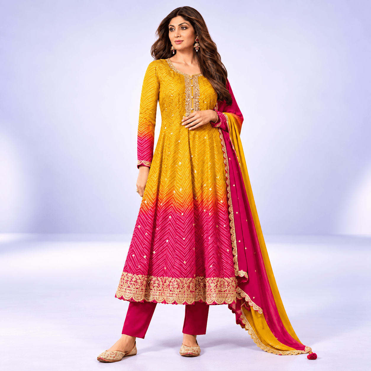 Vibrant Yellow and Magenta Anarkali Ensemble